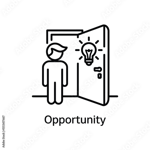 Person standing before an open door with a bright idea lightbulb symbolizing opportunity