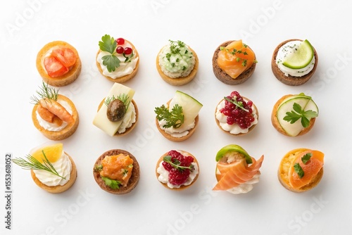 Flat Lay of 20 Creative Finger Foods with Unique Gourmet Toppings – High-End Catering Concept