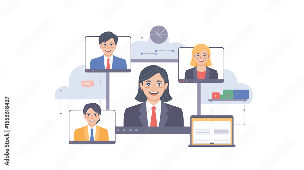 Online Conference with Diverse Business Team on Multiple Screens and Laptop, Vector Illustration Online Conference with Diverse Business Team on Multiple Screens and Laptop, Vector Illustration