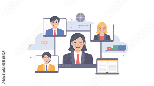 Online Conference with Diverse Business Team on Multiple Screens and Laptop, Vector Illustration
