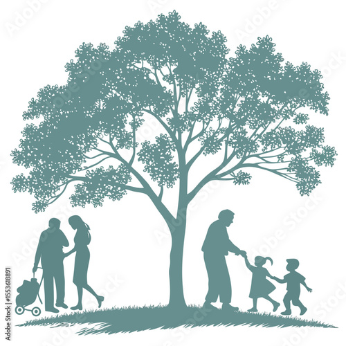 Silhouette of families enjoying time together under a large tree in a park setting illustration