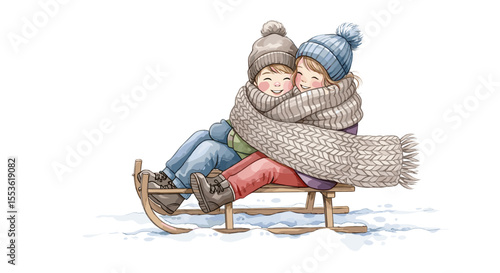 Two children cuddling on sled wrapped in scarf in snow