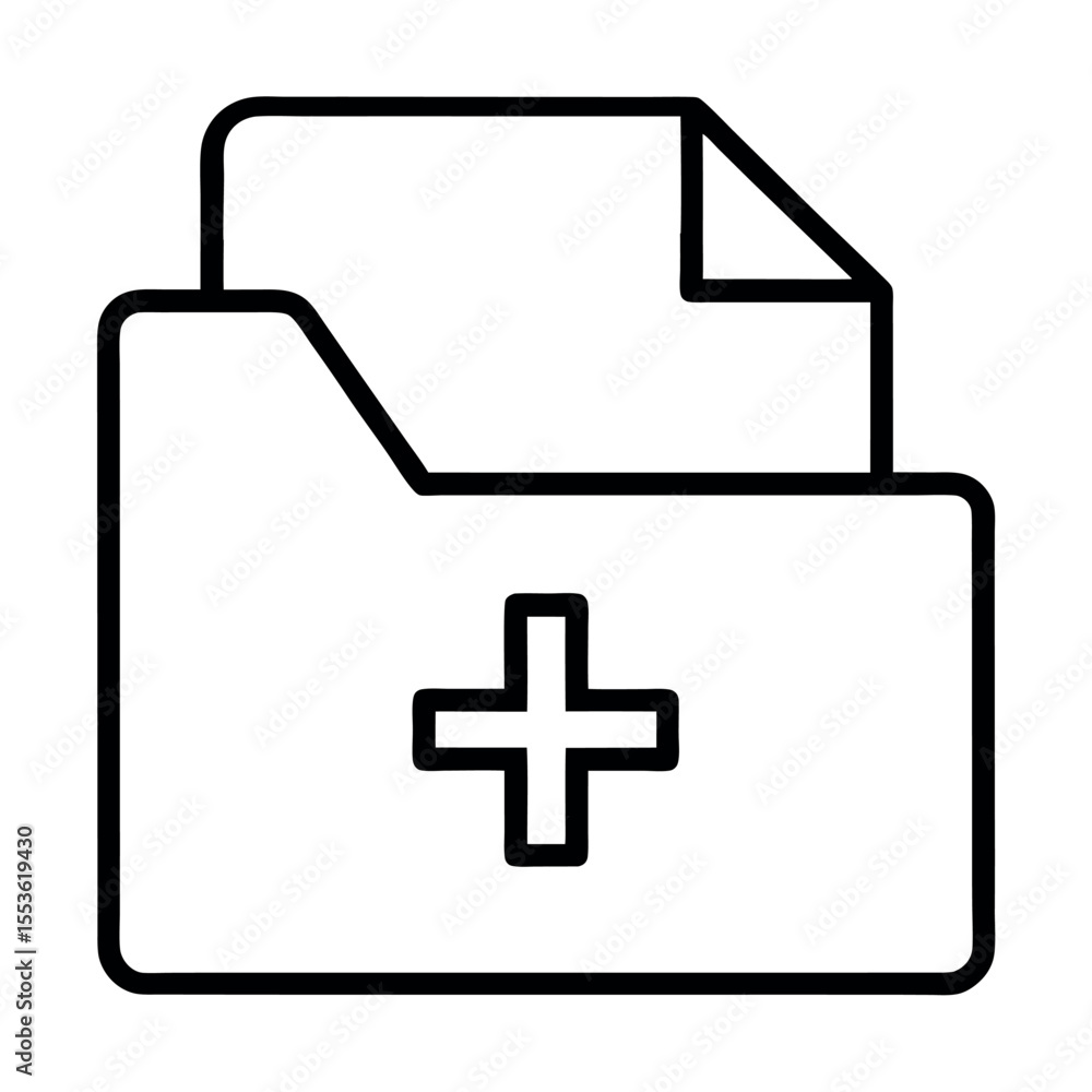 Vector line drawing of a medical records folder with a cross symbol. Perfect for healthcare apps, hospital dashboards, patient files, and clinical documentation icons. Vector line drawing of a medical records folder with a cross symbol. Perfect for healthcare apps, hospital dashboards, patient files, and clinical documentation icons.