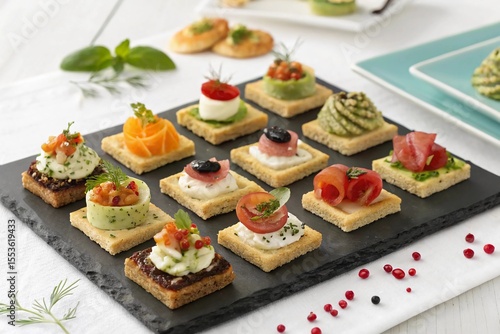 Artistic Appetizer Platter with 16 Square Canapés – Perfect for Food Blogs and High-End Menus