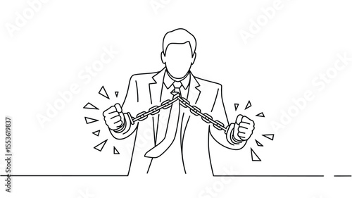 Businessman breaking chains with his fists symbolizing freedom and overcoming obstacles