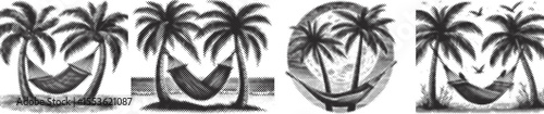 Vintage halftone stipple bundle design featuring two palm trees with hammock, black engraving style, tropical relaxation, retro beach scene, detailed dotted texture vector art
