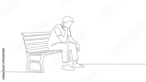 Single line drawing of a pensive man sitting alone on a park bench
