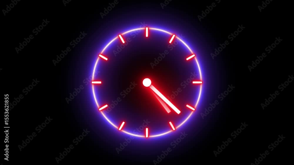 Glowing neon red blue color clock icon animation dial circle timer watch timekeeper countdown wall clock analog clock alarm clock animated sign symbol with black background