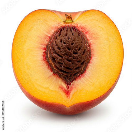 Perfect Half Peach with Pit - Fresh Ripe Stone Fruit White Background