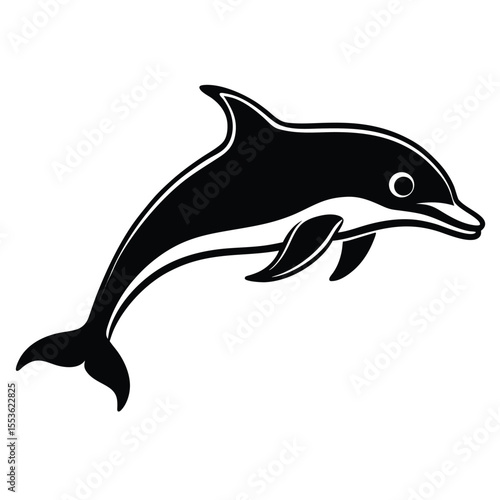 A simple, minimalist black silhouette of a dolphin leaping out of the water. The dolphin is depicted in a side profile, with its dorsal fin and pectoral fins clearly visible. The background is a clean