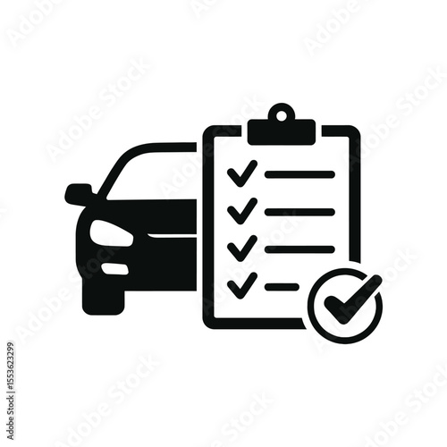 Car inspection checklist with checkmarks and completed task icon