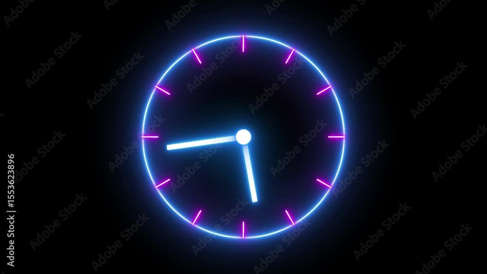Glowing neon pink blue color clock icon animation dial circle timer watch timekeeper countdown wall clock analog clock alarm clock animated sign symbol with black background