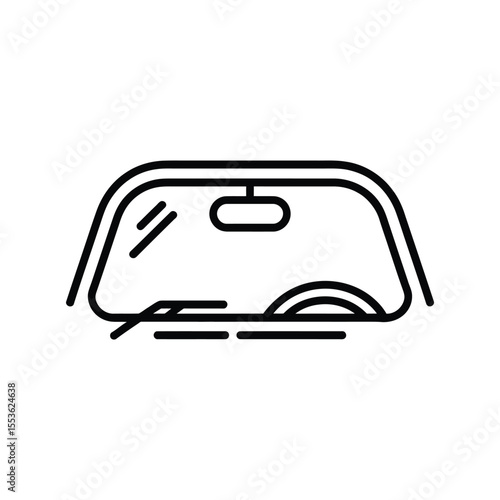 Stylized outline drawing of a car windshield with wipers and rearview mirror
