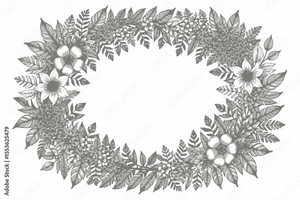 Obraz premium Floral Frame Illustration-Black and White Flower Wreath-Botanical Drawing for Invitations-Elegant Leaf Border-Nature Inspired Art-Monochrome Design-Wedding Decor