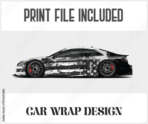 Black and White Racing Car Wrap Design with Print File Included