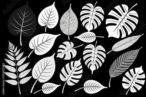 Monochrome Leaf Collection-Assorted Leaf Silhouettes on Black-Botanical Illustration of Tropical & Temperate Foliage-Elegant Nature Inspired Graphics