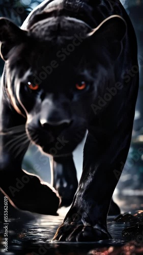 Black panther threateningly advances through green jungle — powerful predator in dangerous proximity, close-up.