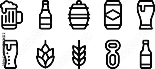 Vector Icon Set for Beer and Brewing, Includes Beer Mug, Bottle, and Wheat Icons 