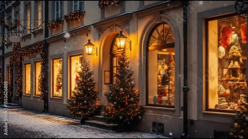 Wallpaper Mural Cozy Christmas street scene with shop windows and decorated trees   Torontodigital.ca