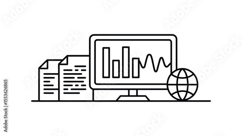 Computer screen displaying financial charts and graphs next to documents and a globe