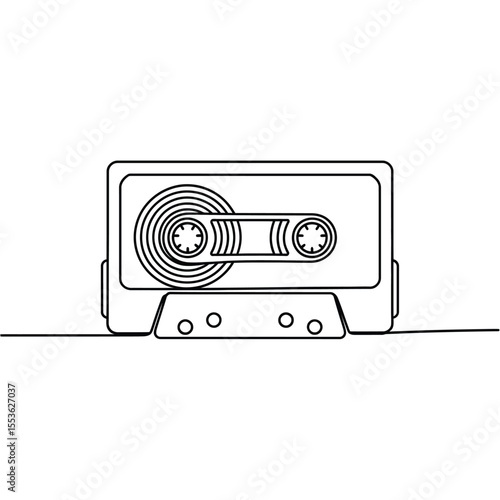 Minimalist black and white line art drawing of a vintage cassette tape