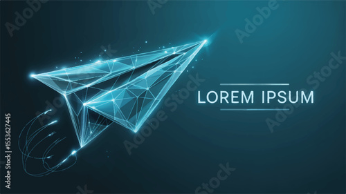 Digital Origami Ascent: An artistic, low-poly paper airplane design soars against a dark, tech-infused backdrop, symbolizing forward momentum and innovative concepts.