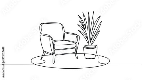Modern armchair and potted plant depicted in a continuous line drawing style