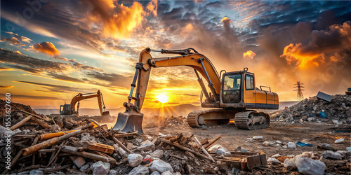 Wallpaper Mural Excavators are actively clearing rubble and debris from a construction site during sunset. The sky showcases vibrant colors as the day transitions into night Torontodigital.ca