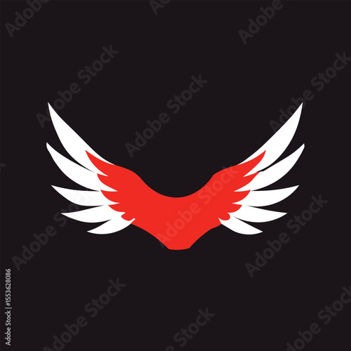 A striking pair of stylized wings with inner red and outer white feathers, fanned out against a dark background. Symbolizes freedom, flight, speed, and aspiration in a bold design.