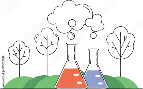 Beakers and Erlenmeyer flasks integrated into a garden landscape with trees as test tubes