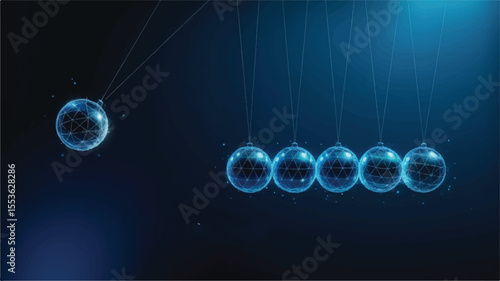 Newton's Cradle in Motion: A captivating digital rendering of Newton's Cradle, illustrating the laws of physics through dynamic spheres, creating a visually stunning representation of energy transfer.
