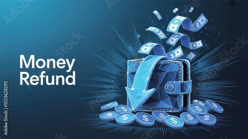 Financial Return: An illustrative depiction of a financial refund process, featuring a wallet with cash and coins, set against a dark backdrop.