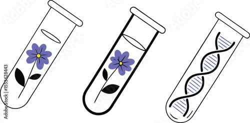 Capsules like scientific sample tubes each containing a tiny cartoon flower with DNA tags on the glass