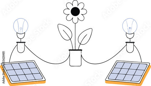Cartoon lab ecosystem where flowers grow from circuit-connected lab flasks and solar panels