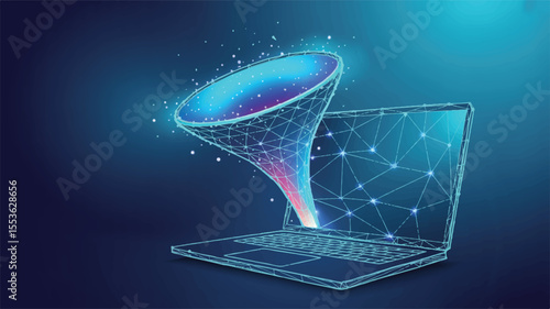 A glowing blue sphere connection illuminates a glass of water precariously placed on a laptop keyboard, a digital illustration of technology and potential energy