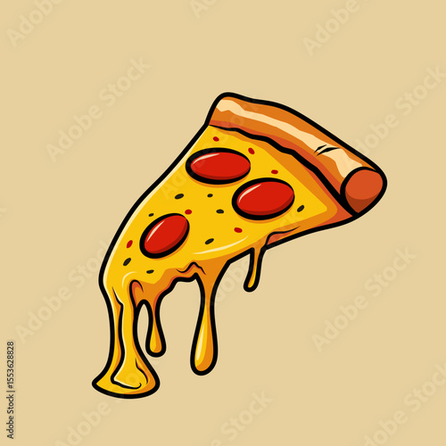 Delicious cartoon style pizza with tasty melty cheese and detailed shading for food design