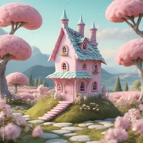 Miniature Pink Fairy House in Pastel Landscape  