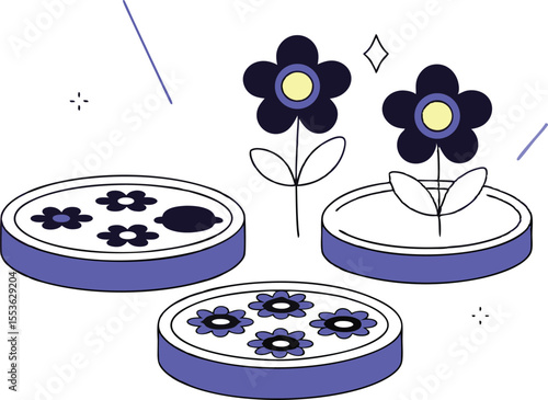 Vector petri dish-style background with tiny flower cells growing and dividing in cartoon form