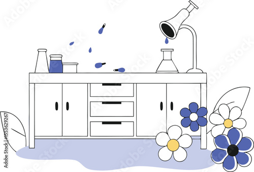 Vector scene of a chaotic lab bench with spilled liquids growing spontaneous, cartoon flowers
