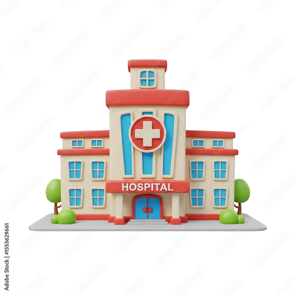 Obraz premium 3D illustration of modern hospital building with medical cross sign, front-facing healthcare facility on plain background, minimal clean style PNG