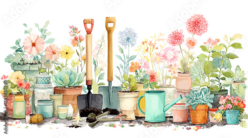 An old watering can and gardening tools among colorful flowers in a vibrant spring garden