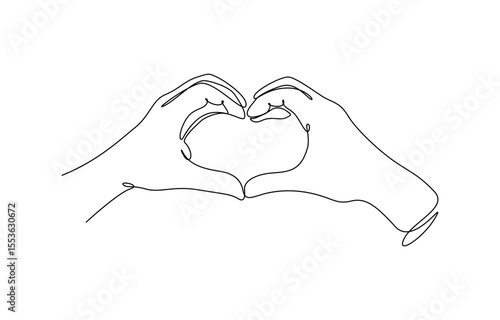 Single one line drawing hands making sign or symbol heart by fingers, Minimalist silhouette Hand Drawn Line Illustrations of Hands Forming Heart Shapes. Editable outline