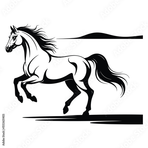 Black and White Horse Galloping Landscape Background Monochrome Equestrian Art Stallion Running
