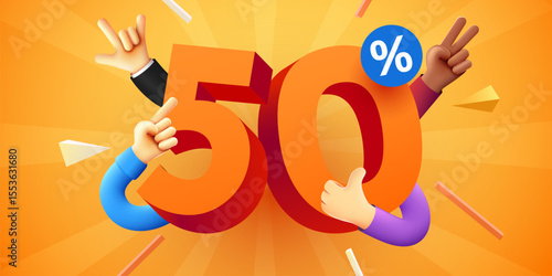 50 percent Off. Discount creative composition. Product presentation, mock up, podium. Sale banner and poster. Vector illustration.