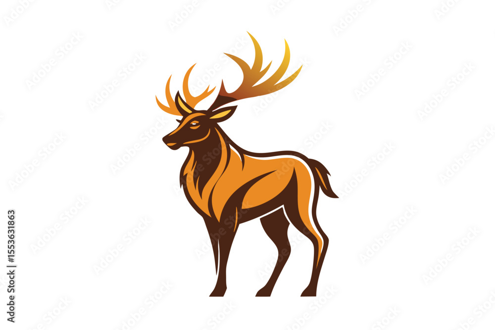 Fototapeta premium Majestic stag with impressive golden antlers confidently stands against a plain white background