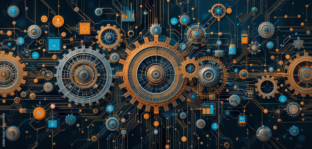 Fototapeta premium Intricate layout featuring metallic gears interspersed with digital elements, showcasing a blend of mechanical design and modern technology, emphasizing connectivity and innovation
