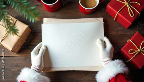 Santa Claus's hands hold blank Christmas letter; festive gifts and warm drinks surround; cozy winter mood.