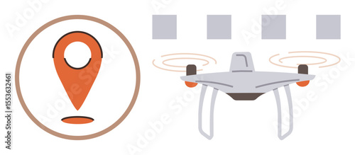 Drone flying alongside an orange location pin, representing GPS, delivery, and precision tracking. Ideal for logistics, technology, navigation, delivery services, mapping automation