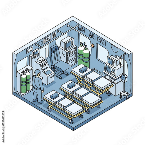 Hospital ward icon showing patient beds and care units.