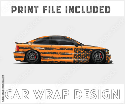 Orange Car Wrap Design with American Flag Pattern
